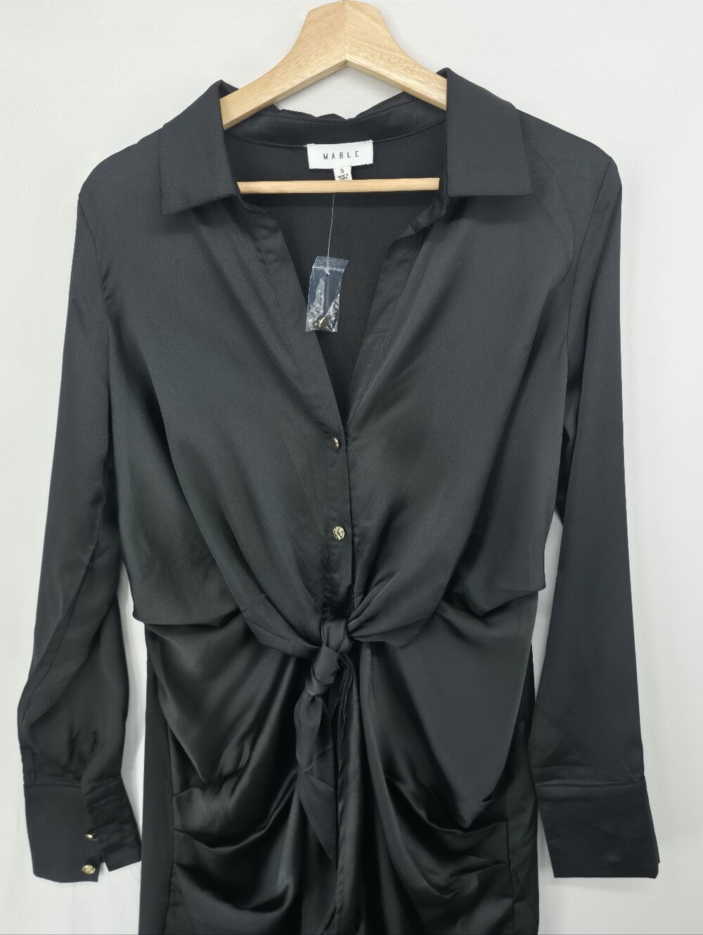 Mable Black Satin Tie Front Shirt Dress Small Midi Front Slit Long Sleeve NWOT - Picture 3 of 12